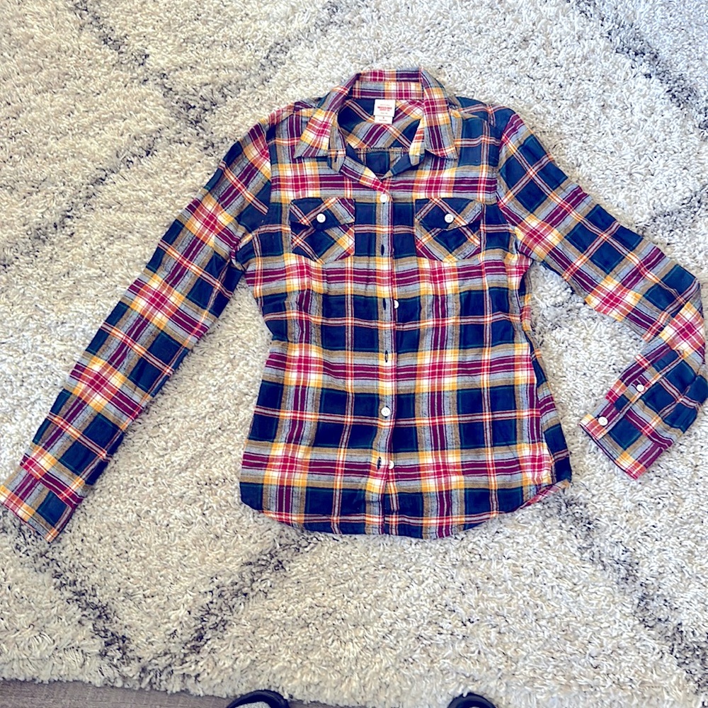 Navy/red/yellow/white Plaid shirt women’s small. Mossimo brand.